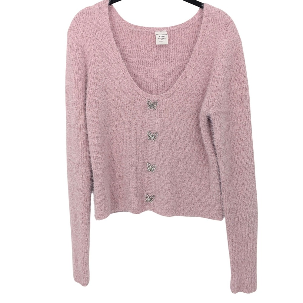 Fairycore Butterfly Sweater Womens XL Pastel Pink Fuzzy Balletcore Y2K Pullover